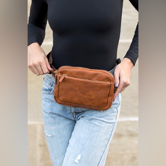 Brown Leather Crossbody Bag Vegan Leather Everywhere Sling Belt Bag - Picture 2 of 3
